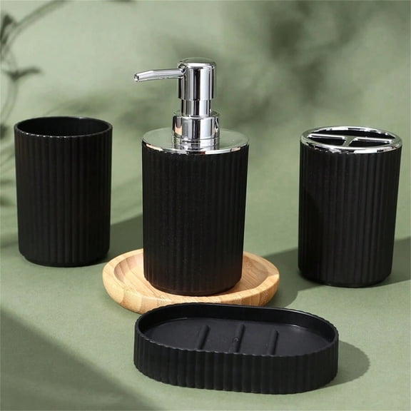 WSBArt 4Pcs Black Striped Bathroom Set Soap Tray Soap Solution Bottle Toothbrush Holder Wash Cup