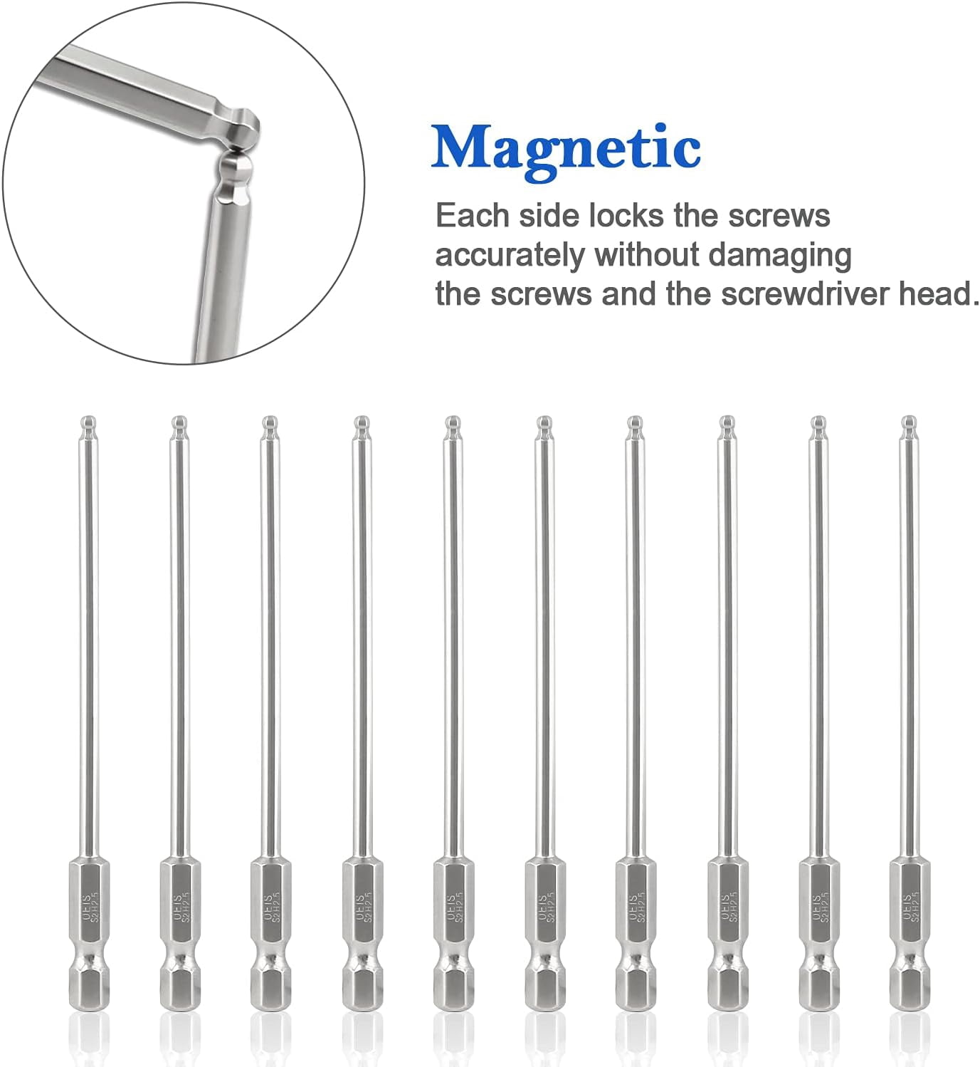 FRKSMD-10Pcs Ball End Hex Head Screwdriver Bits Set, 2.5mm Magnetic Tips Ball End Drill Bit Magnetic with 1/4 Inch Hex Shank, 100mm Length