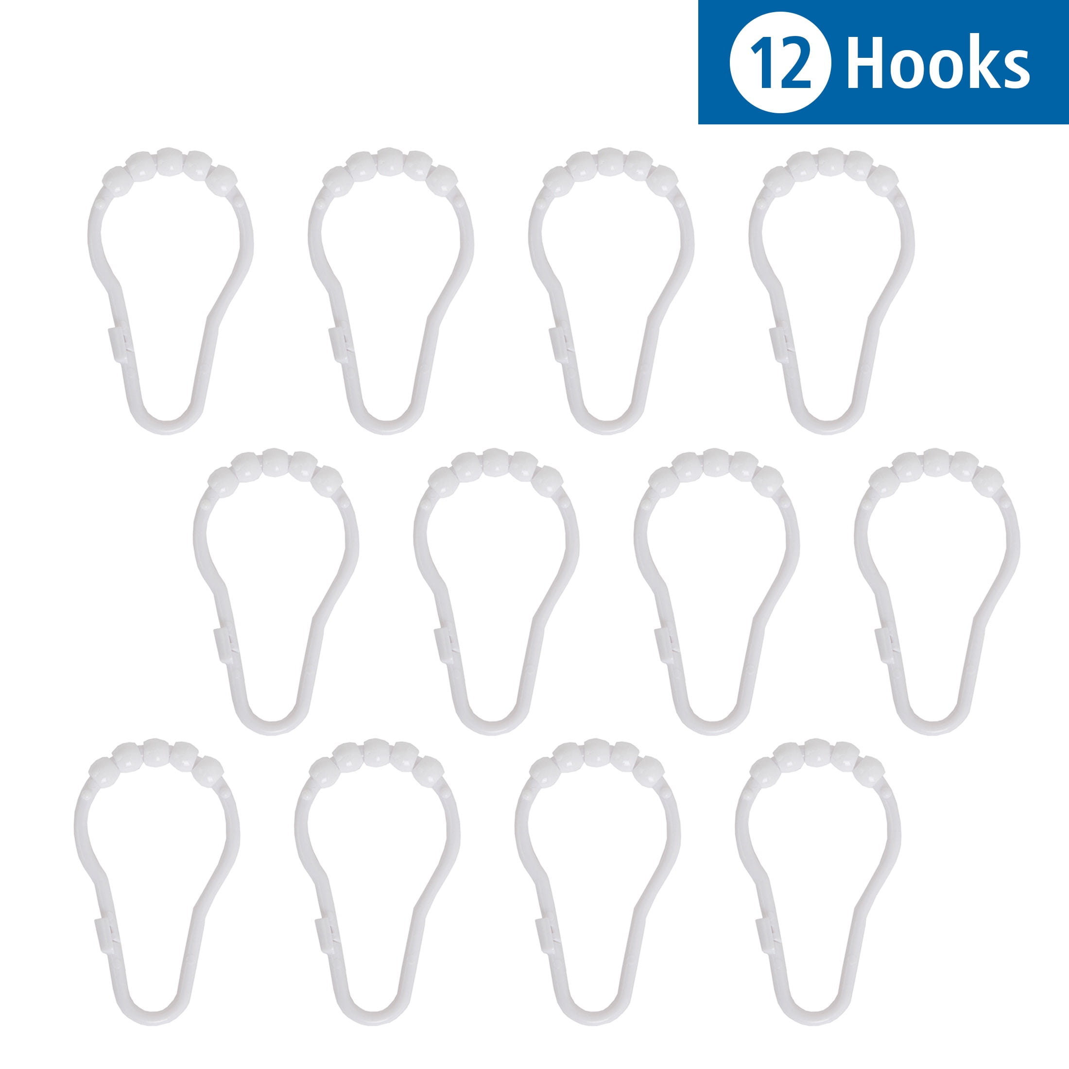 Mainstays Shower Curtain Rollerball Hooks, Easy Gliding, White, Set of 12