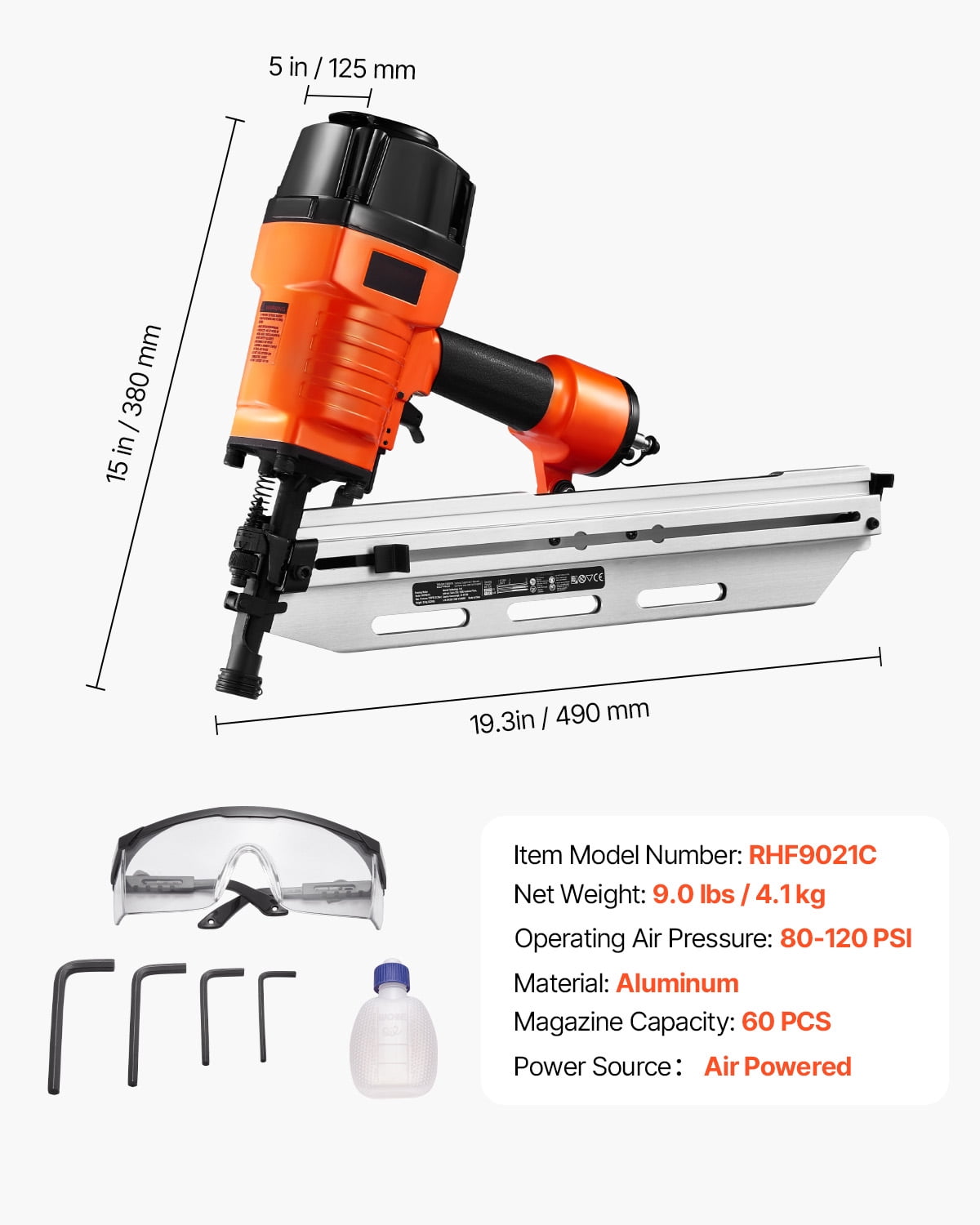 KFFKFF Pneumatic Framing Nailer, 80-120PSI Air-Powered Nail Gun, Compatible with 2" to 3-1/2" Nails, 21-Degree Full Round Head Design, Featuring Adjustable Depth Control and Dual Trigger Options