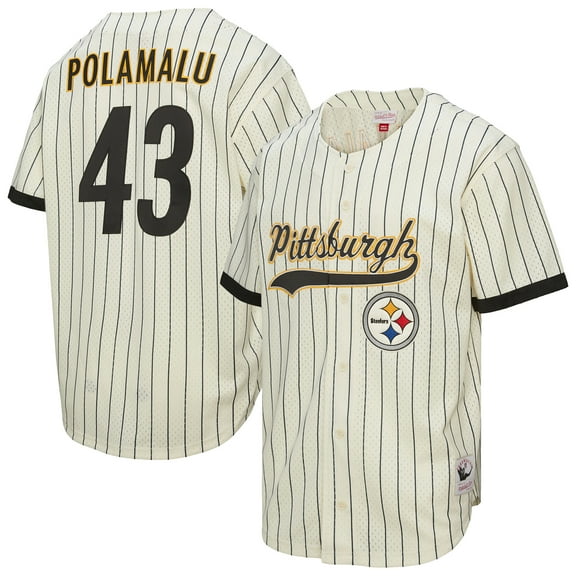 Men's Mitchell & Ness Troy Polamalu Cream Pittsburgh Steelers Name & Number Mesh Button-Up Baseball Jersey