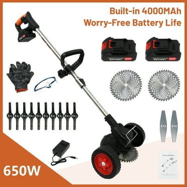 24V 4000mAh Battery Powered Weed Wacker Cordless Electric Weed Eater 650W Grass Trimmer Brush Cutter with Wheels Battery Operated Weed Trimmer Grass Cutting Machine, Black