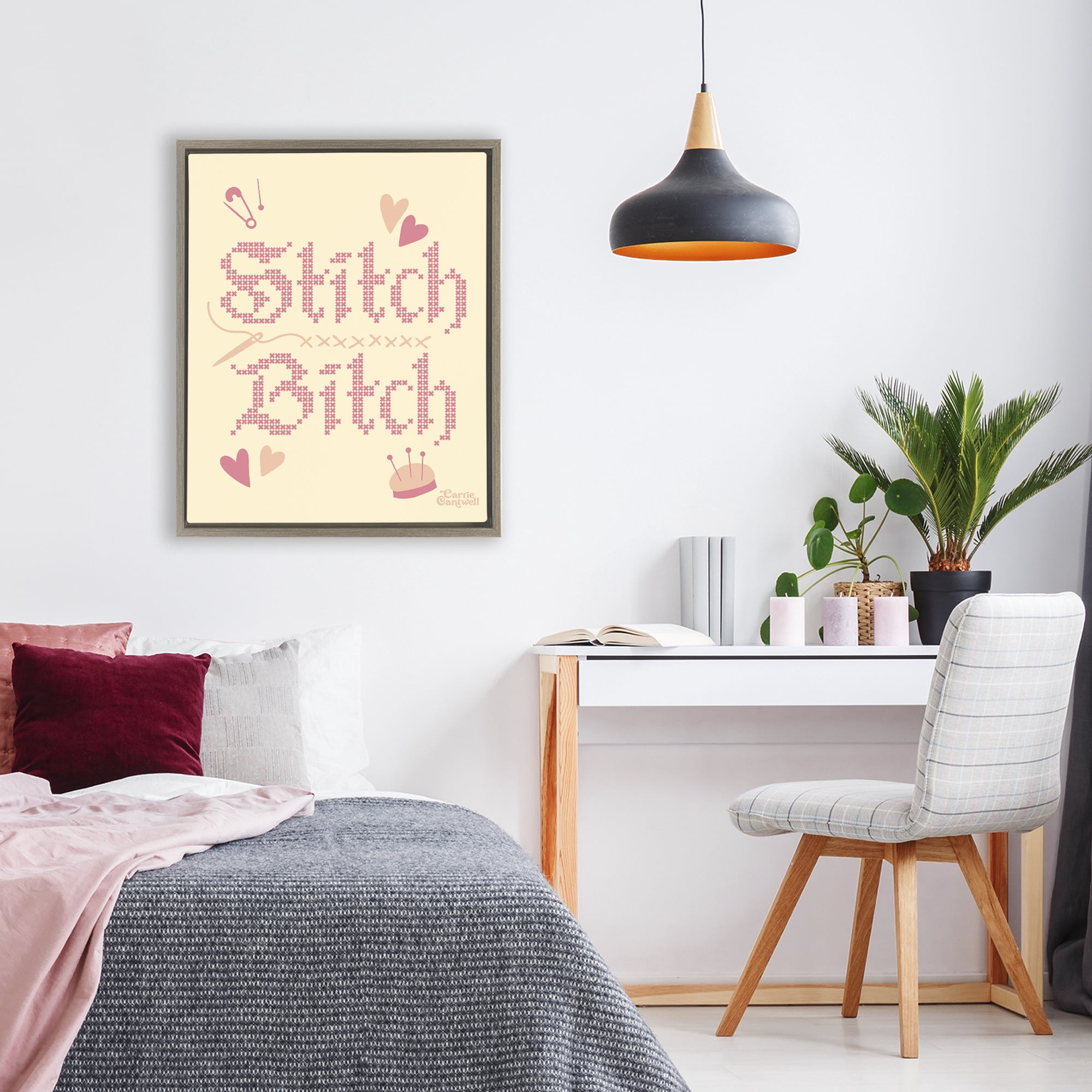 Stitch B*tch Embroidery Craft Brown Framed Floater Canvas Wall Art, design by Carrie Cantwell