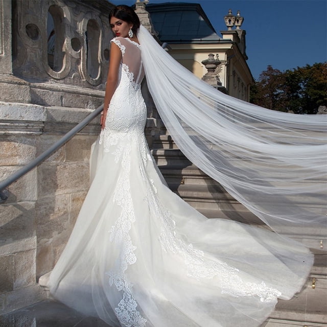MYG Coiffe de Mariée Longue Blanche Crème pour Mariage avec Peigne