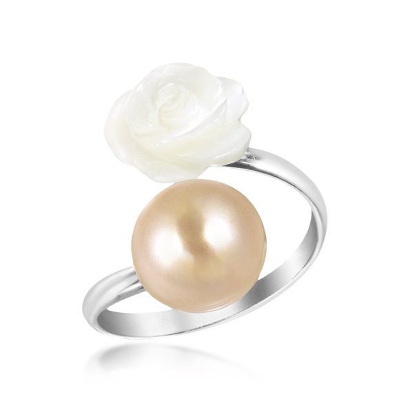 Charming White Rose Wrap Pink Pearl Sterling Silver Ring for Female Anniversary Jewelry Gift Szie-7