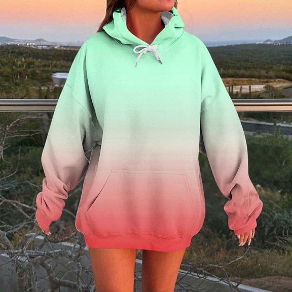EchfiProm Sweatshirt for Womens with Pockets Trendy Hoodies Hooded Long Sleeve Gradient Ladies Tunic Tops Red