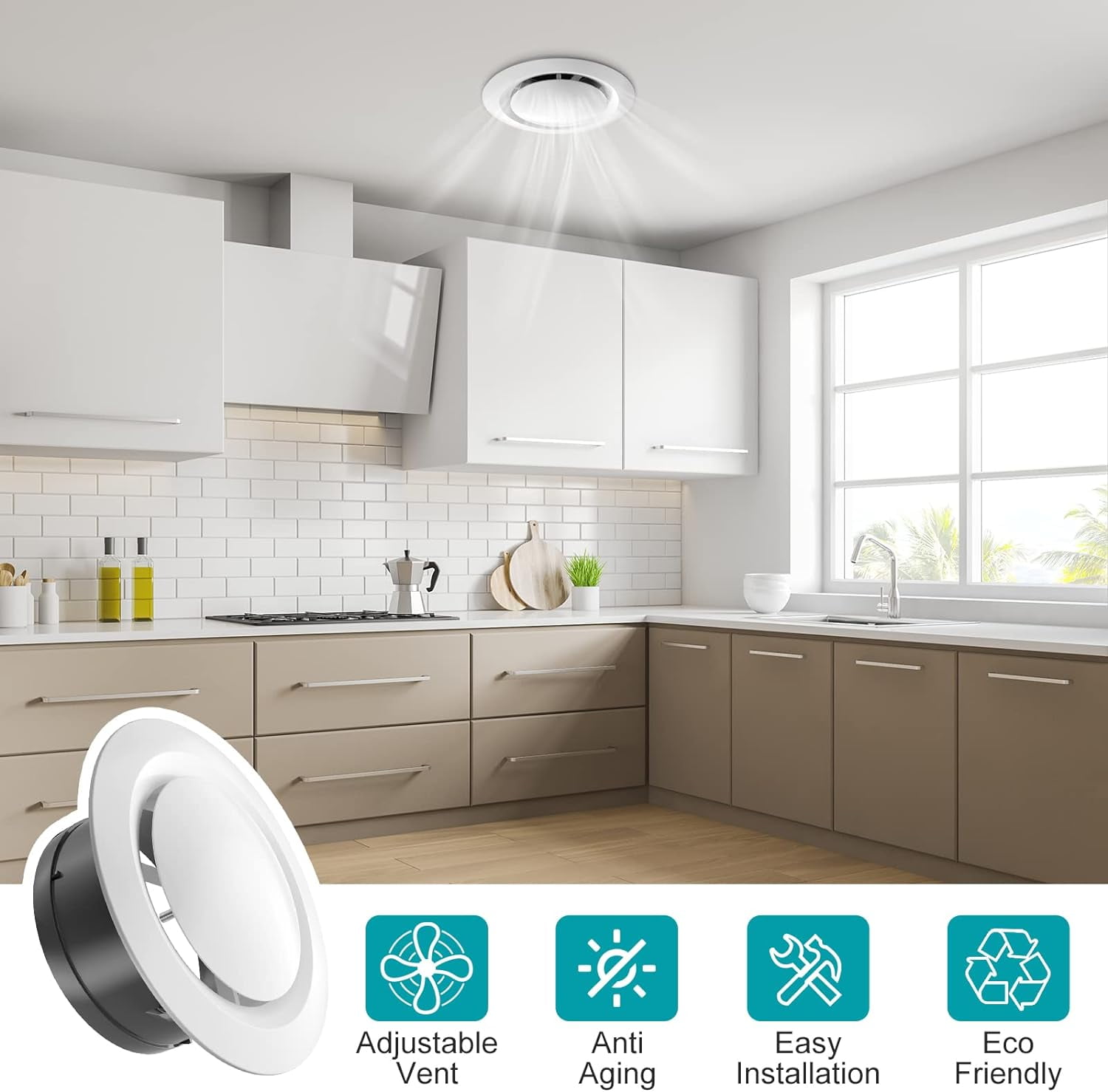 ABCISI 6 Inch Soffit Vent, Adjustable Air Vent Cover, ABS Round Ceiling Vent Covers for Living Room, Attic, Bathroom, Kitchen, Ventilation Use, White - Opening Size 5.66", 2 Pack