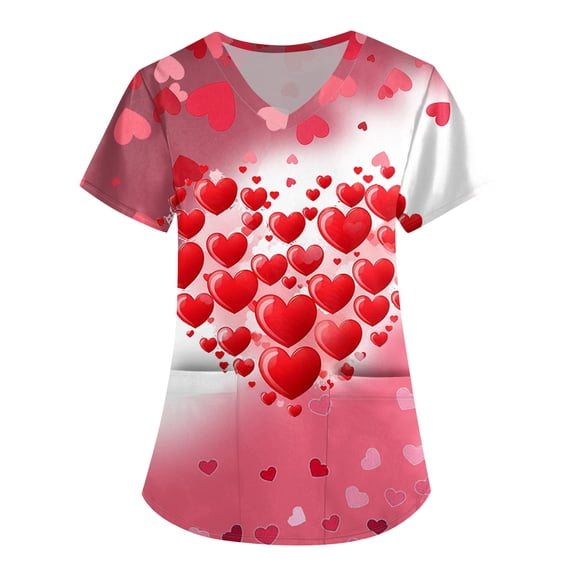 Valentine Day Nursing Scrubs Womens Short Sleeve Cute Love Heart Print Plus Size Scrubs V Neck Medical Quick Dry Uniforms with Pockets Red 3XL