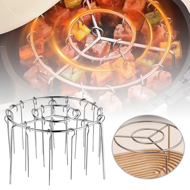 Vertical Air Fryer Grill Rack with 12 Hanging Skewers and Stainless Steel Grate for Efficient Kitchen Cooking