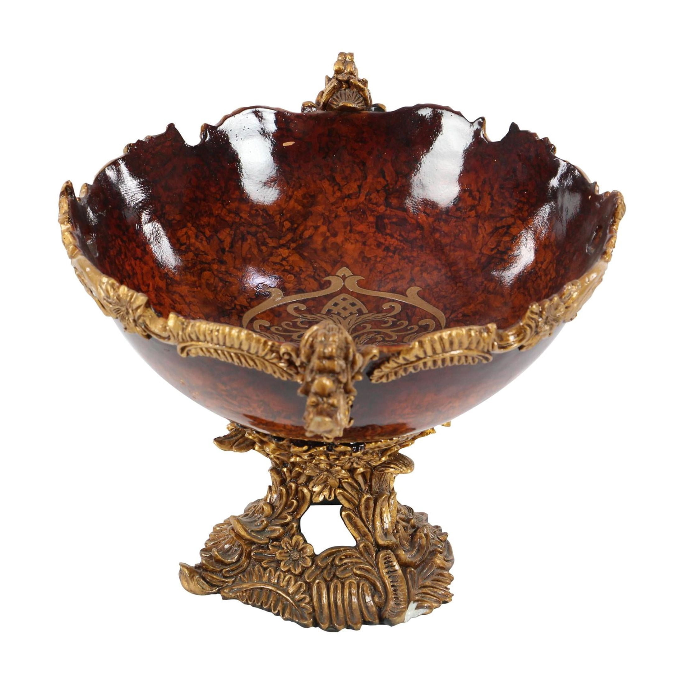 DecMode 14" Oval Intricately Carved Arabesque Leaf Gold Polystone Decorative Bowl