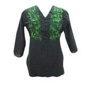 Mogul Womens Peasant Tunic Green Embroidered Cotton Top Boho Chic Blouse