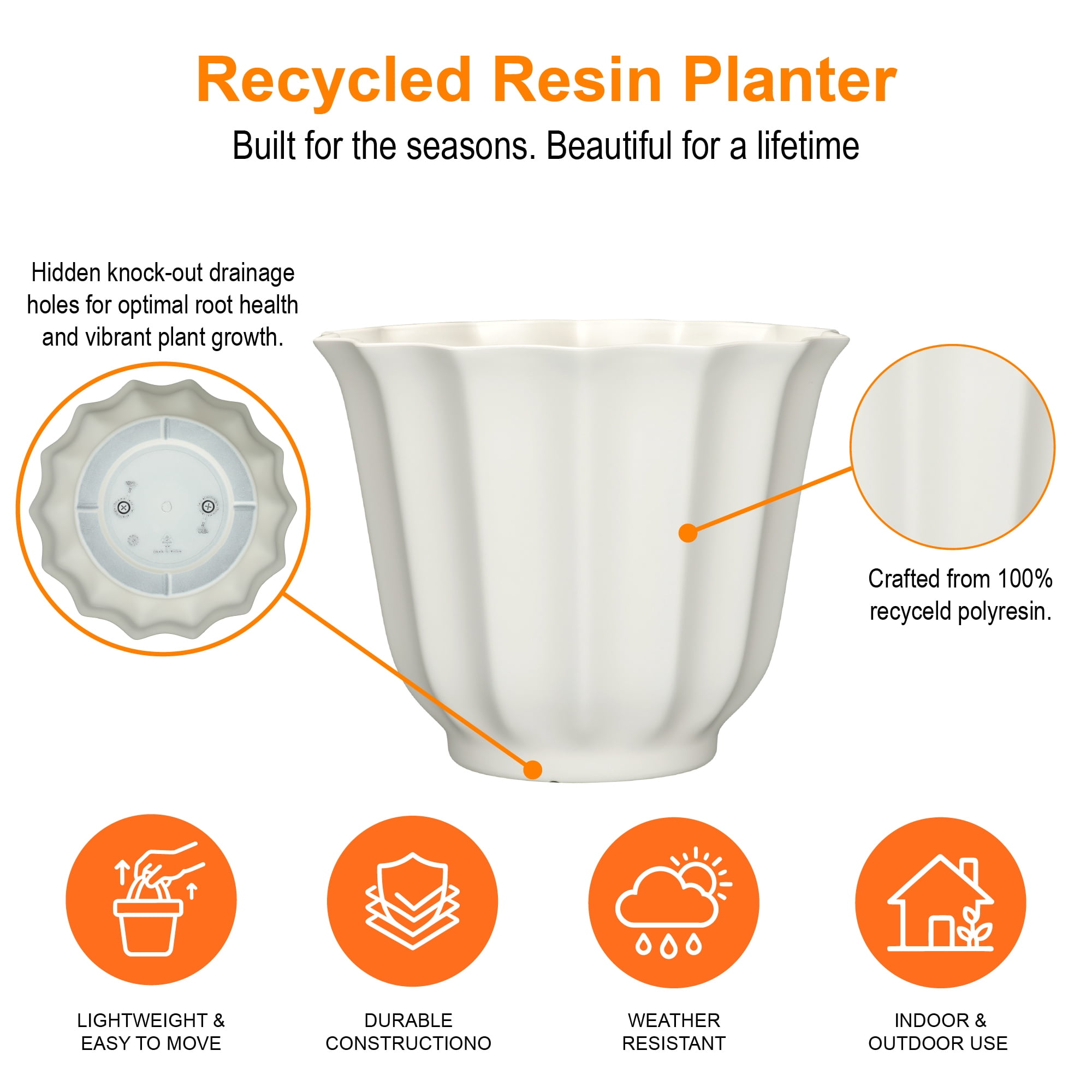 Mainstays Charlotte Round Recycled Resin Planter, Vanilla Dream, 17.5 in x 17.5 in x 14 in