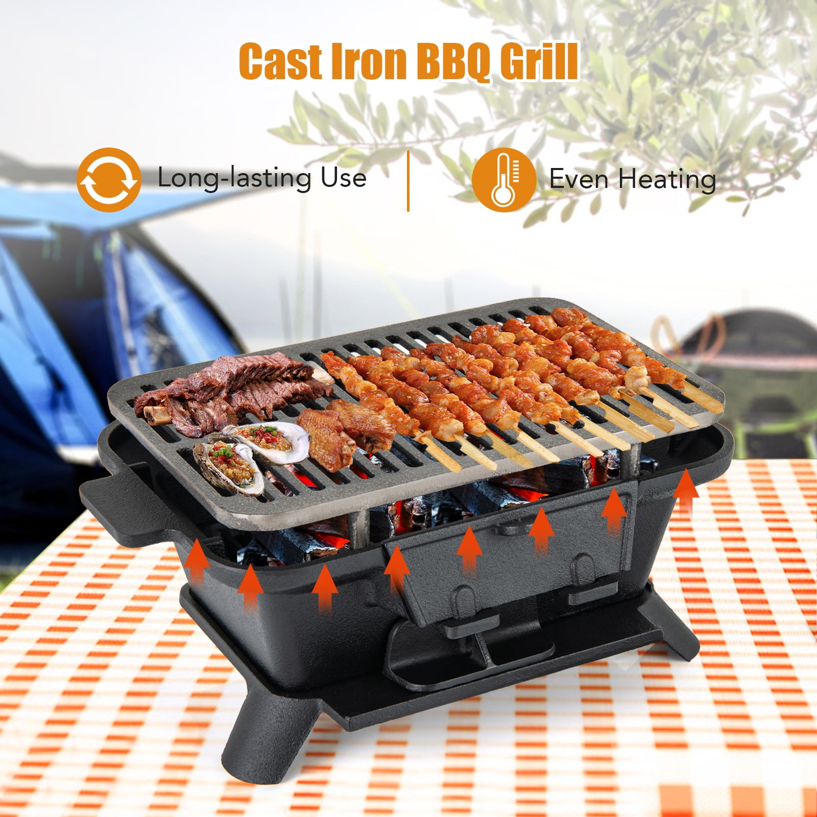 Topbuy Portable Heavy Duty Cast Iron Charcoal Grill Tabletop BBQ Stove with Double-sided Grilling Net for Camping