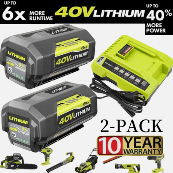 2 Pack Replacement for Ryobi 40V Battery and Charger Compatible with Ryobi 40 Volt Battery Lithium OP4040 OP40401 OP4026 OP40261 OP4050 OP40201 Compatible with 40 Volt Cordless Power Tool (Green)
