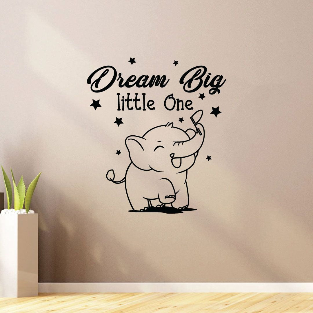 Dream Big Little One - Cute Baby Elephant Cartoon Inspirational Quote Vinyl Wall Art Wall Sticker Wall Decal Decoration For Home Room Kids Room Nursery Room Girls Boys Décor Design Size (20x20 inch)