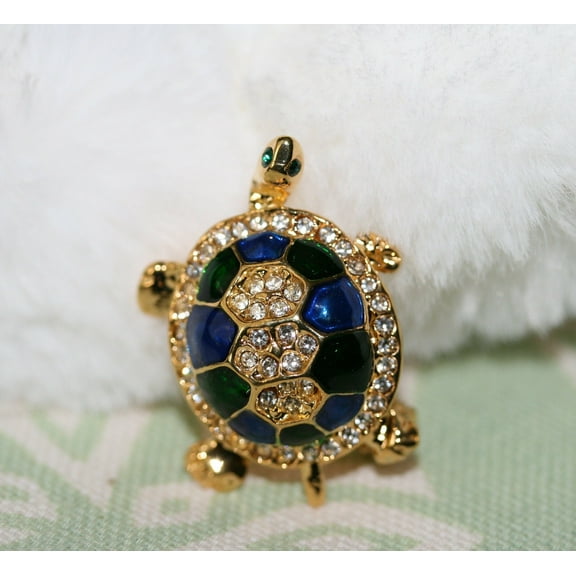 Vintage Turtle Brooch  Gold Tone, Blue/Green Enameled Shell with Crystal Clear Rhinestones, Turtle Pin