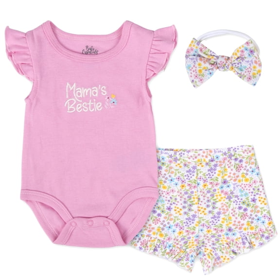 Baby Essentials 3 Months Infant Girls Bodysuit with Ruffle Shorts and Matching Headband Hairbow Cotton Polyester Spring Summer Outfit in Mama's Bestie