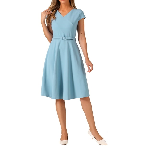 Vestidos de cóctel estilo CHIC Inspire para mujer, con cinturón, escote en V, mangas cortas, vestido fluido en línea A, color azul