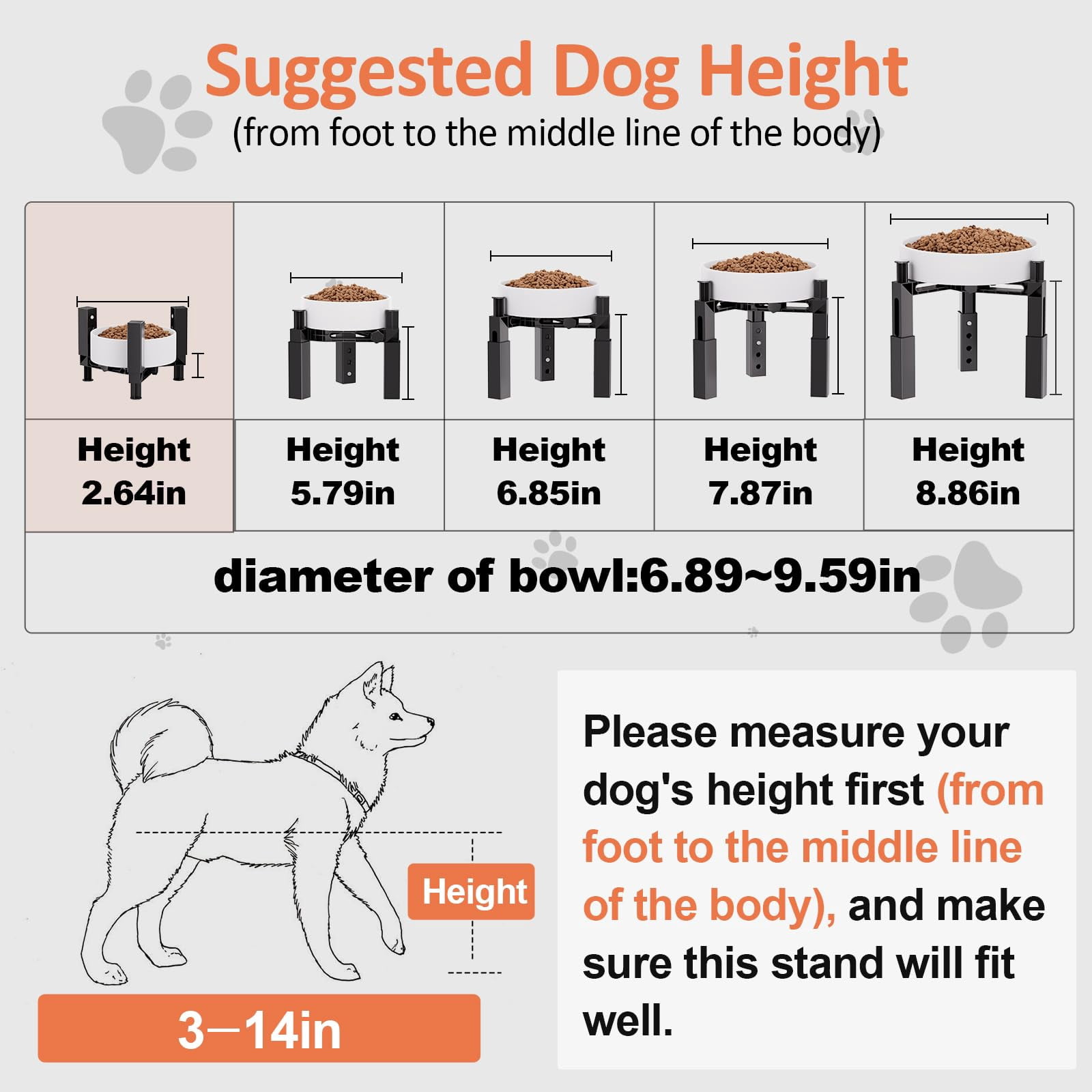 Adjustable dog bowl stand w/ non-slip base fits all bowl types (steel/ceramic/plastic). Promotes digestion & joint health. For S/M/L dogs. Black