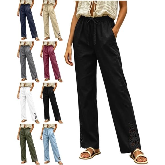 Womens Pants with Pockets 100% Cotton High Waist Loose Casual Pants