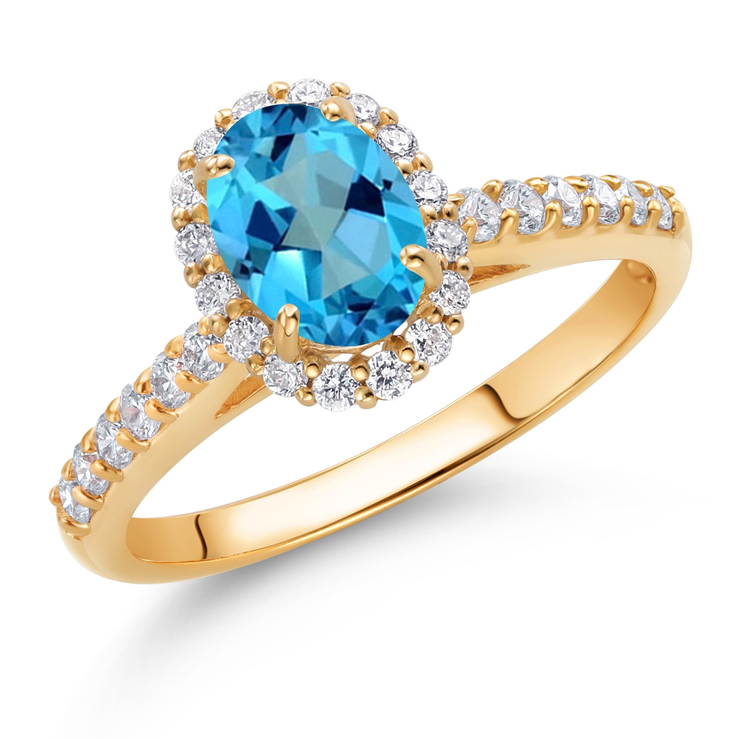 Gem Stone King 10K Yellow Gold American Blue Mystic Topaz and White Lab Grown Diamond Halo Engagement Ring for Women (1.31 Cttw, Gemstone, Oval 7X5MM)