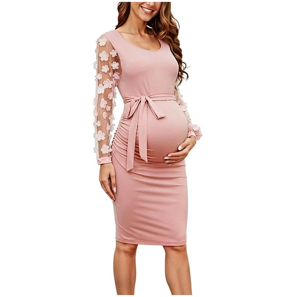WUANDIXFA Pregnancy Dress Maternity Dress Rib Knit Long Sleeve Dresses with Side Slit Pregnancy Clothes Pink,M