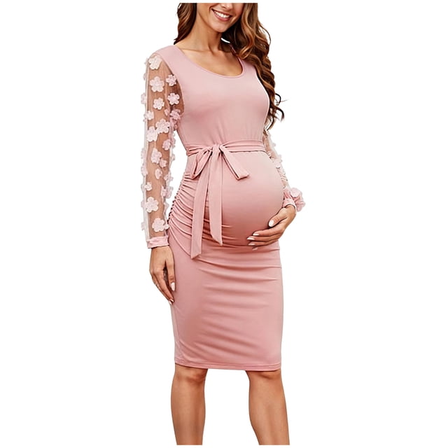 WUANDIXFA Maternity Dress Ribbed Knit Maternity Dress Rib Knit Long Sleeve Dresses with Side Slit Pregnancy Clothes Pink,S