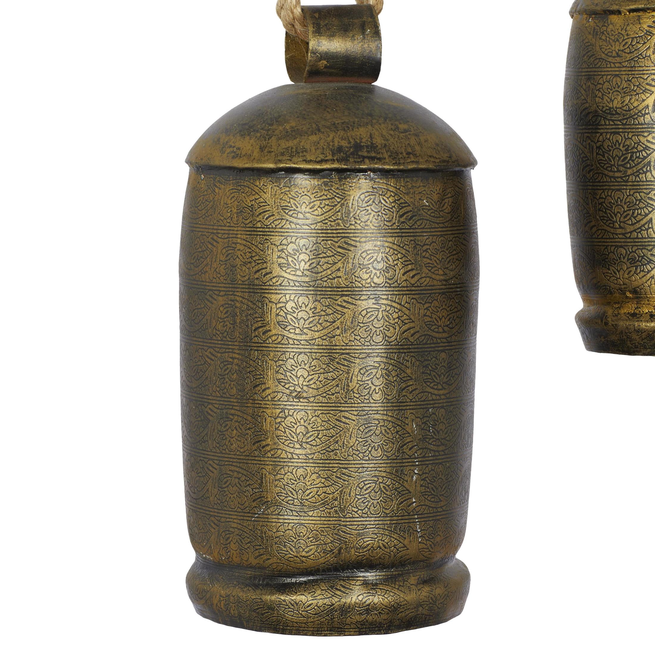 DecMode Bronze Metal Tibetan Inspired Decorative Hanging Bell Chime Set of 3 5", 4", 3"H, Features a Round Shape with Solid Pattern and Metal Clappers
