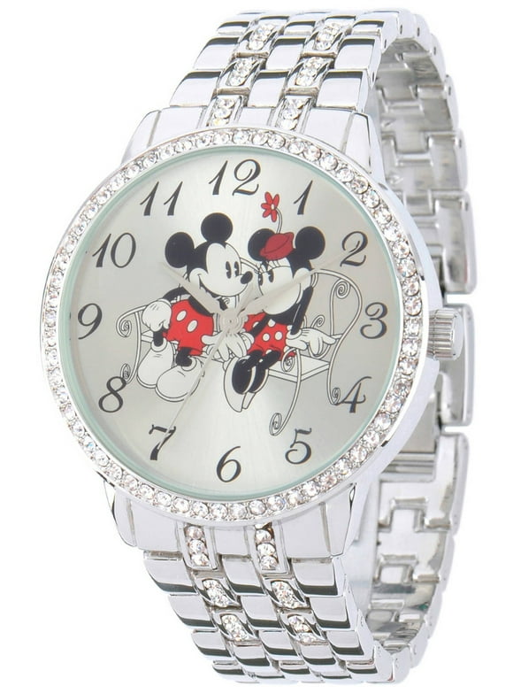 Mickey and Minnie Mouse Women's Silver Alloy Watch With Glitz, Silver Alloy Bracelet