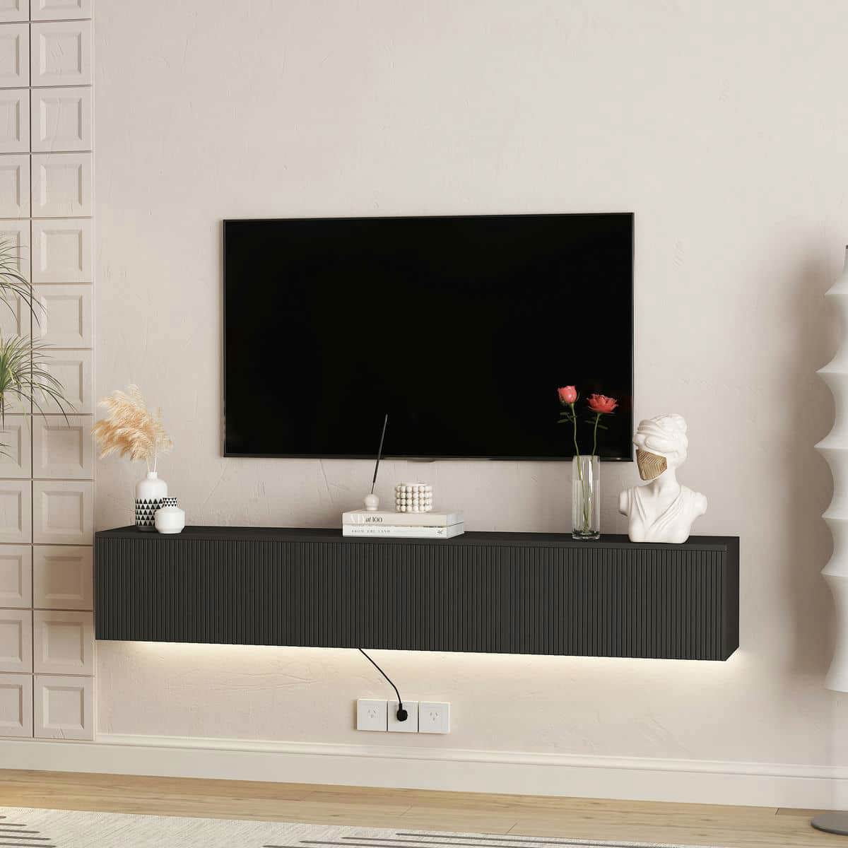Kadyn TV Console Table, Entertainment Center,TV Stand,Floating TV Stand Wall Mounted with 16 Color LEDs,69" Modern Entertainment Center for 55 60 65" TV, Black