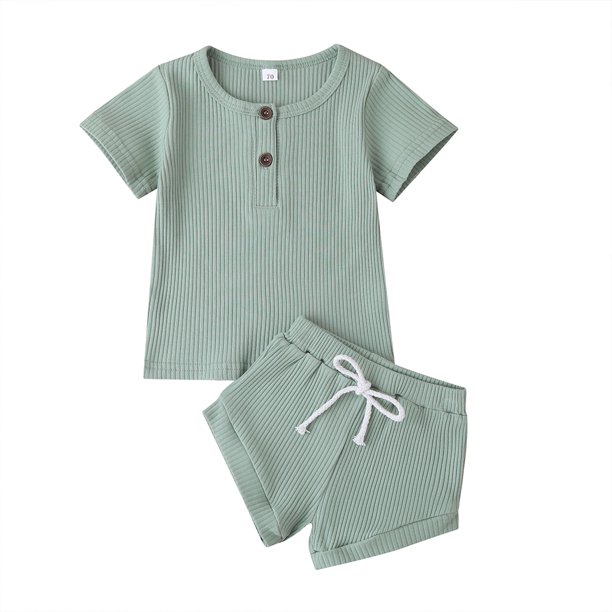 Algodón Casual verano recién nacido bebé niños niñas trajes traje acanalado de punto camisetas de manga corta Tops + Pantalones cortos 2 uds niños chándales Tan Jianjun unisex