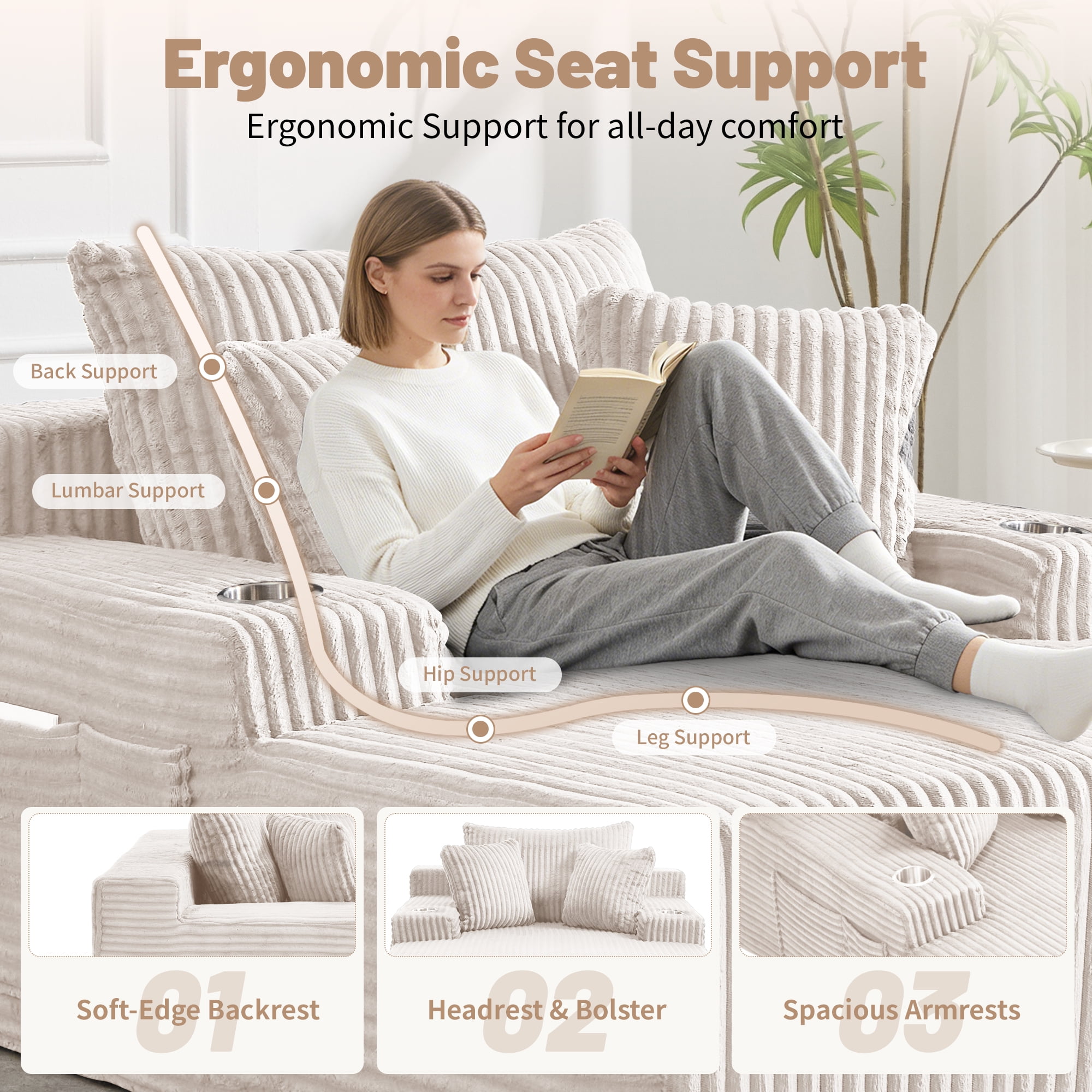 66" Chaise Lounge Chair Indoor, Oversized Corduroy Upholstered Boneless Sofa with USB & Type C, Deep Seat Sleeper Couch Reading Chairs with Pillows, Pre-assembled Corduroy Sofas Couches Living Room