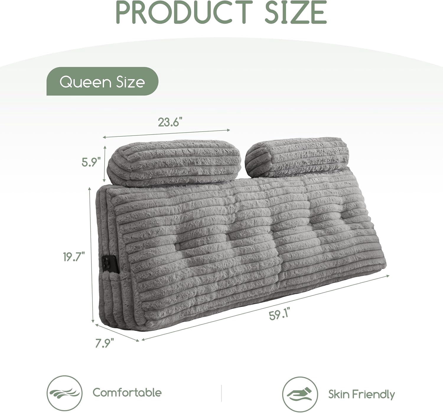 Triangular Headboard Wedge Pillow with 2 Cylindrical Pillows and Memory Foam Filling, Daybed Pillows for Sitting up, Reading or Working with Removable Cover,Queen 59.1"x19.7"