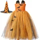 thumbnail image 2 of Vestido con tutú de bruja y murciélago para niña, color naranja y negro, disfraz de Halloween de calabaza para niña, vestido de fiesta de carnaval elegante con tul brillante, 2 of 5