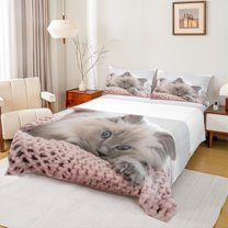 Feelyou Kawaii Cat Kitten Twin Sheet Sets, Cute Cartoon Animal Twin Fitted Sheet, Teens Kids Boys Girls Flat Sheet, Luxury Bedroom Decor, 3-Piece