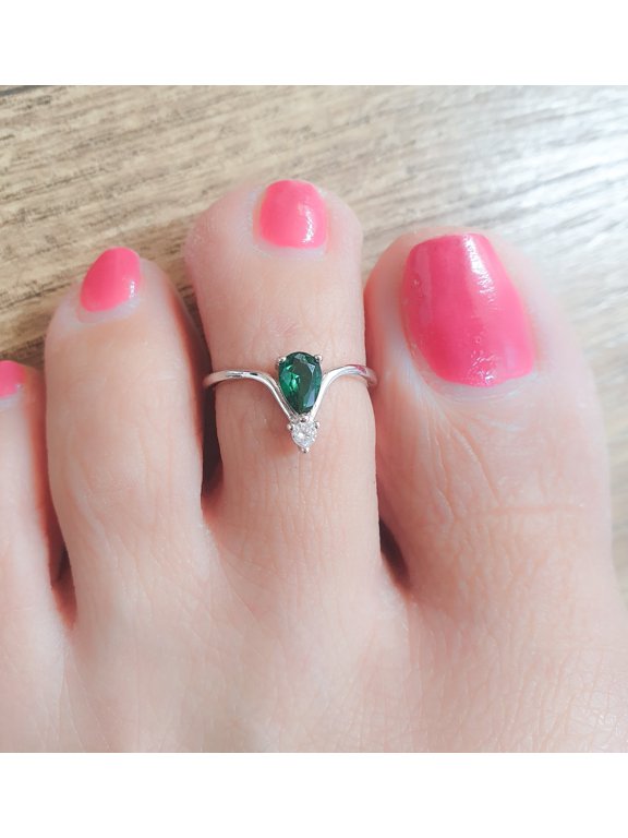 Toe Ring Adjustable Sterling Silver 925 Tiny Emerald CZ Diamond Toe Ring Unique Open Toe Ring