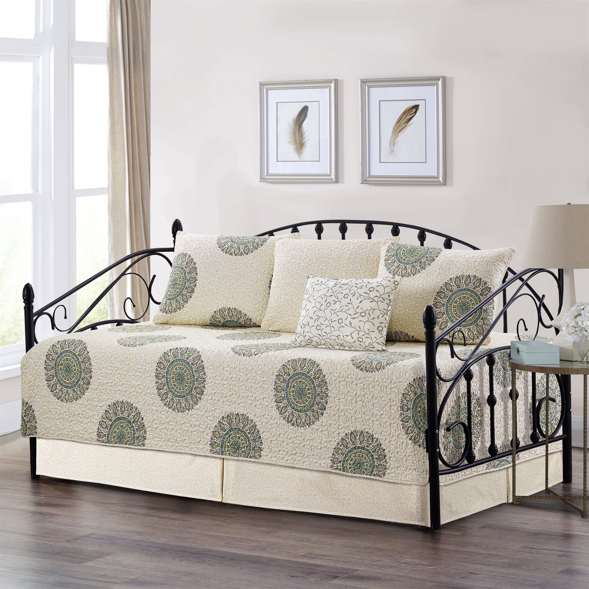 Home Soft Things 6-Piece Reversible Quilted Daybed Cover Set w/ Bedskirt, Shams & Pillow - Encore, 75"x39"