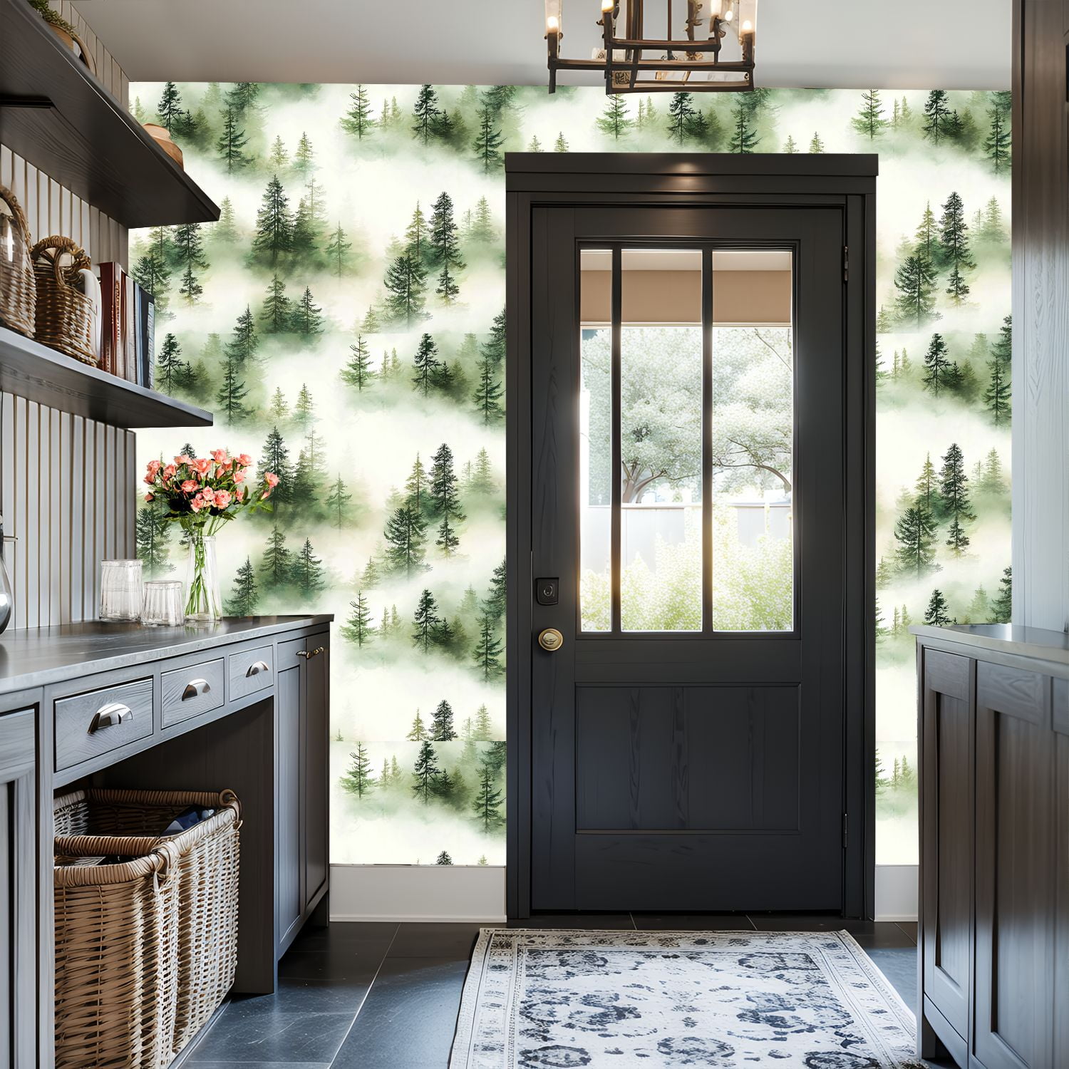 Peel and Stick Wallpaper 17.7in x 9.8ft Pine Forest Fog Watercolor Seamless Green White Hues Contact Paper Vinyl Self-Adhesive Removable Wall Paper for Bedroom DIY Home Decor Renter Friendly