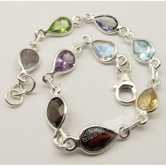 SilverStarJewel 925 Pure Silver Cut Drop Multistones Multicolor Bracelet 8.3" Item