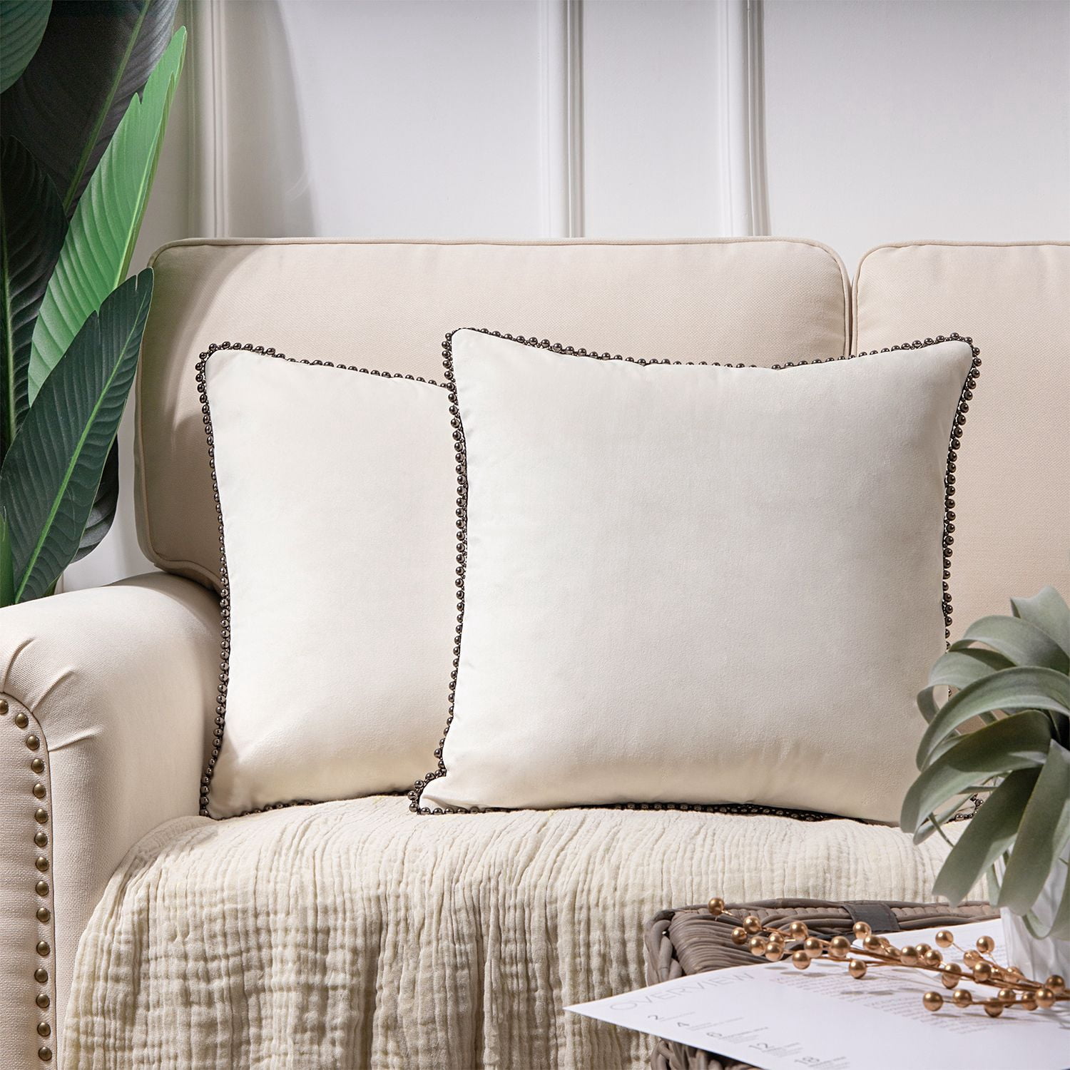 Phantoscope Velvet Decorative Throw Pillows with Inserts, Particle Trim, 18 x 18 in, Off White, 2 Pack