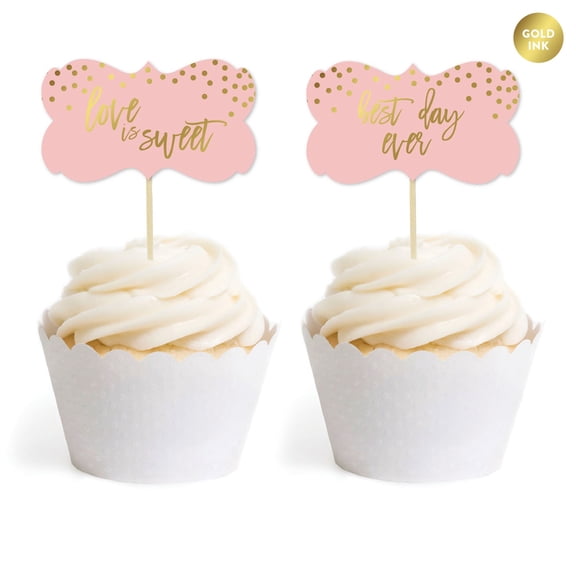 Blush Pink and Metallic Gold Confetti Polka Dots, Cupcake Topper DIY Kit, Fancy Frame Shape, 20-Pack