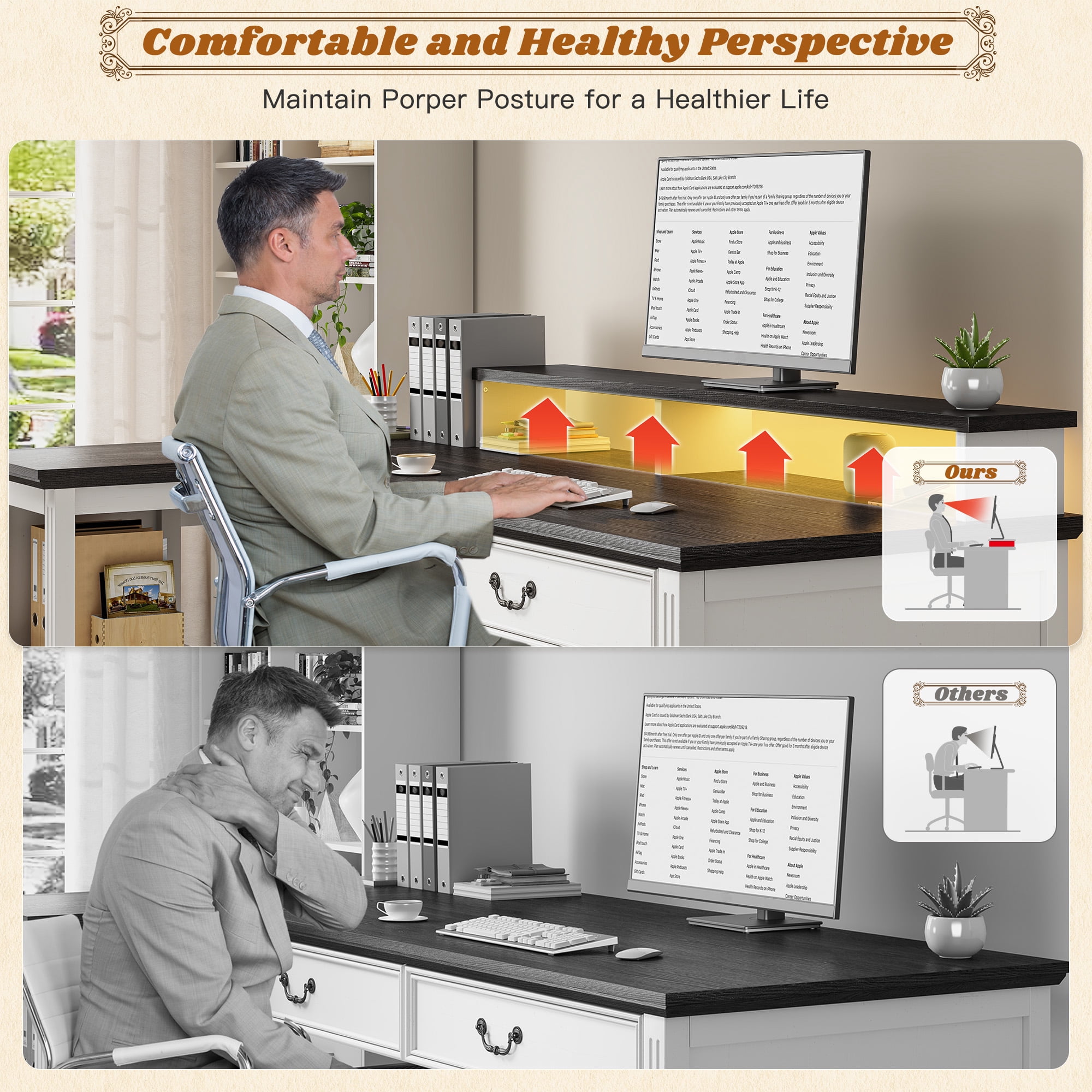 Romorgniz L Shaped Farmhouse Desk with 2 Drawers 55" Computer Desk with Power Outlets & LED Light Office Desk with Monitor Stand & Cabinet for Studying, Writing and Gaming