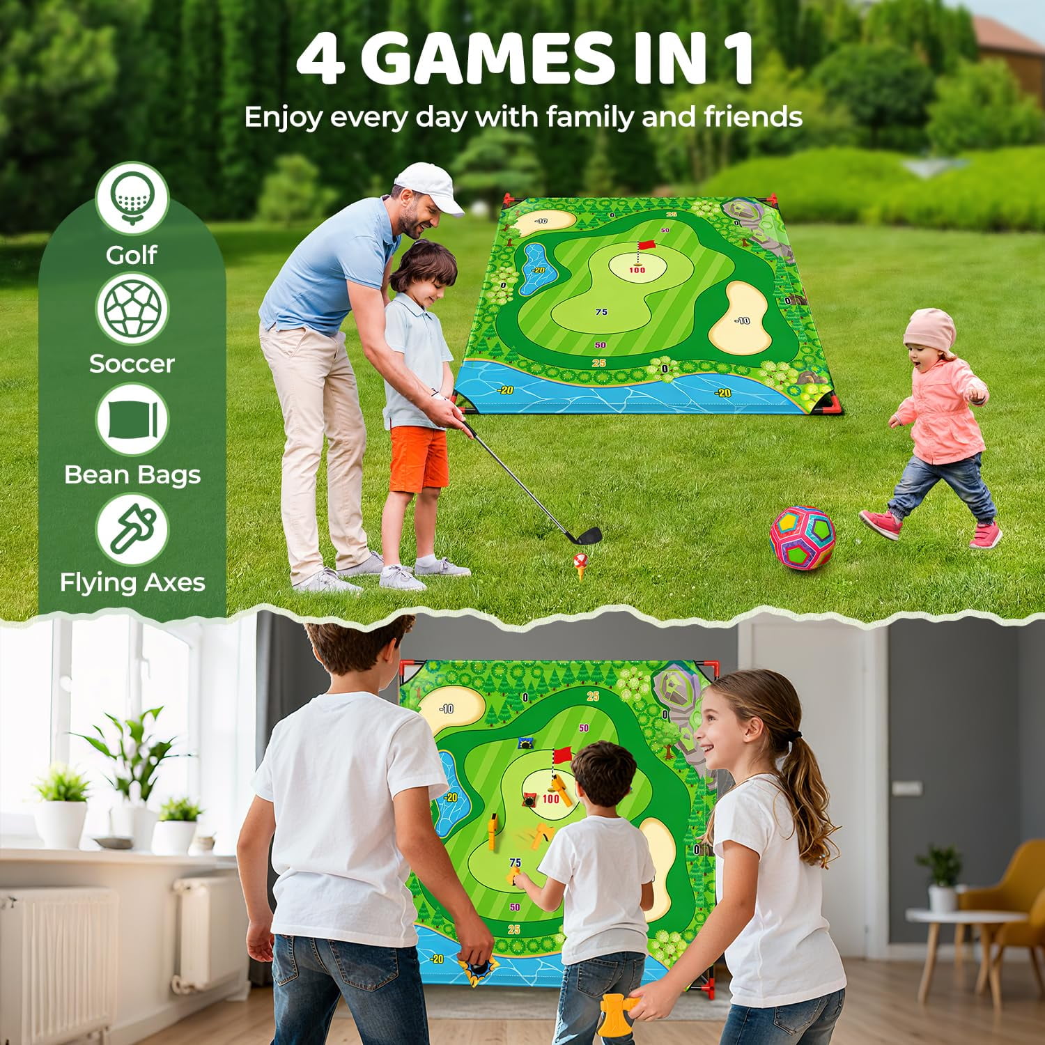 Mpow Golf Chipping Game-Golf Battle Game for Kids & Family, 54"x54" Golf Target Mat with 16 Sticky Balls, 8 Bean Bags, 6 Axes, 2 Soccer Balls, Fun for Outdoor Lawn, Backyard & Poolside Party