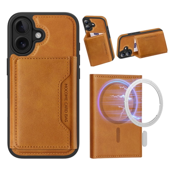 For iPhone 16 Case Compatible with MagSafe, Luxury Premium PU Leather Wallet Case with Detachable 2 in 1 Card Holder Back Flip Kickstand Shockproof Slim Magnetic Cover, Brown