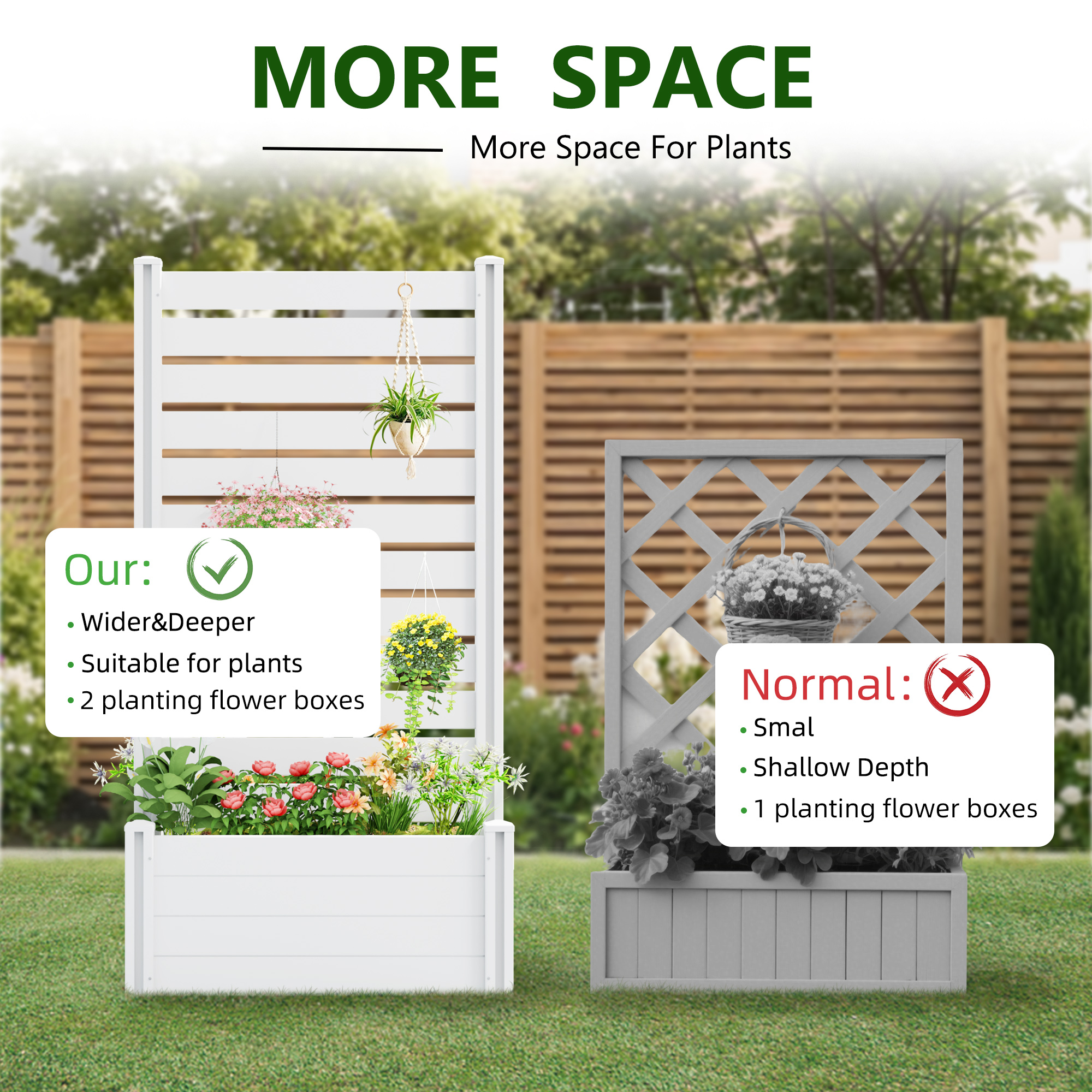 MAYEERTY Outdoor White PVC Rectangular Planter Box with Trellis for Climbing Plants, Raised Garden Bed