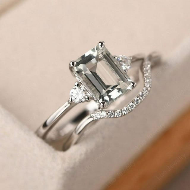 Simple green amethyst engagement rings sets, curve wedding band,sterling silver stacking ring