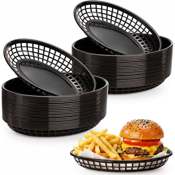 50 Pack Black Oval Fast Food Baskets, Food Serving Tray for Sandwiches, Burgers, Nachos, Fries, Hot Corn Dogs, Plastic Storage Basket Bin, 8-7/8 x 5-5/8 Inches