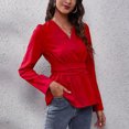 thumbnail image 3 of Blusas peplum delgadas con cintura y cuello en V para mujer, blusas elegantes informales con mangas abullonadas, lavables a máquina para citas en la oficina al aire libre, 3 of 8