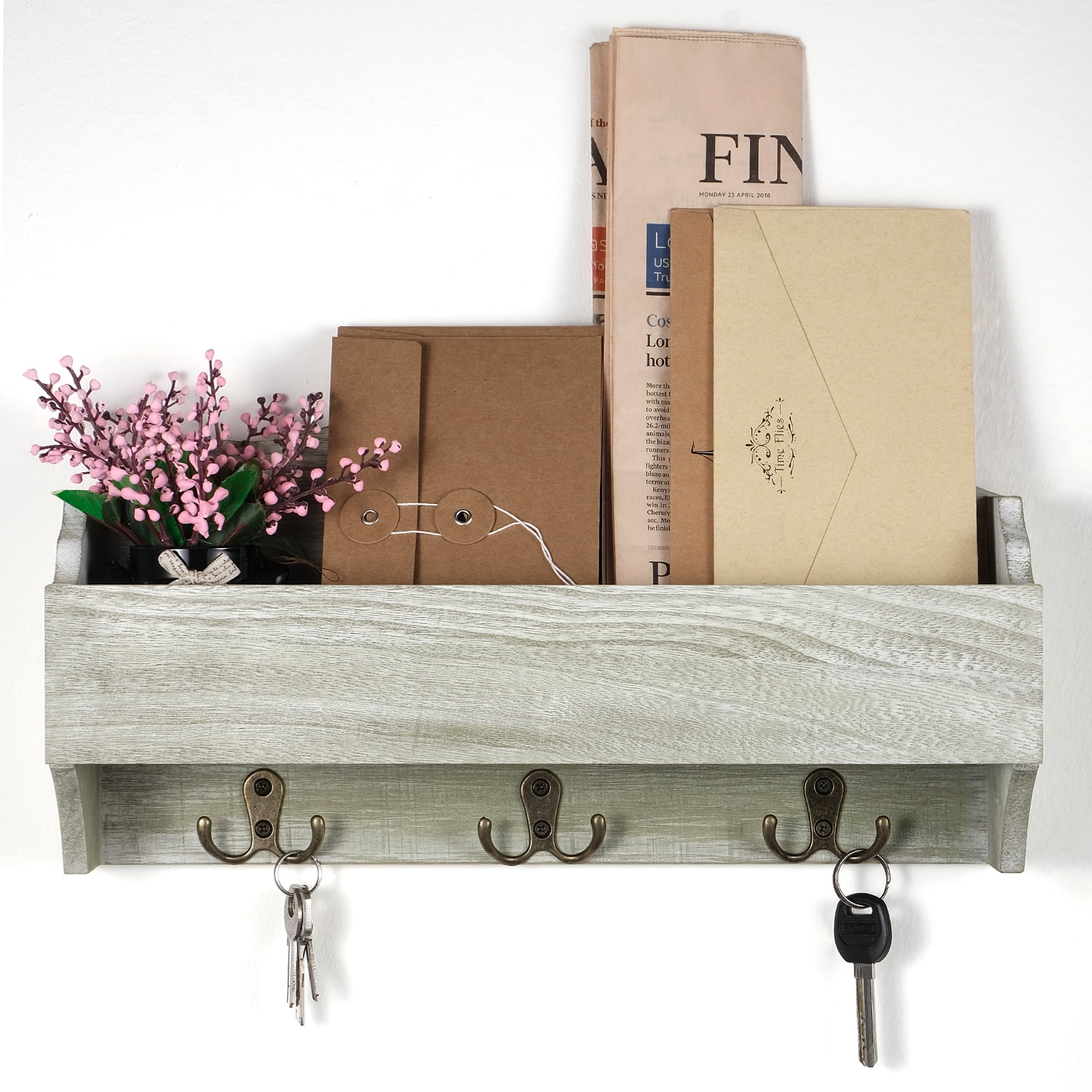 Oumilen Wall-Mounted Wooden Key Rack with 3 Double Key Hooks, Suitable for Entrance, Olive Green