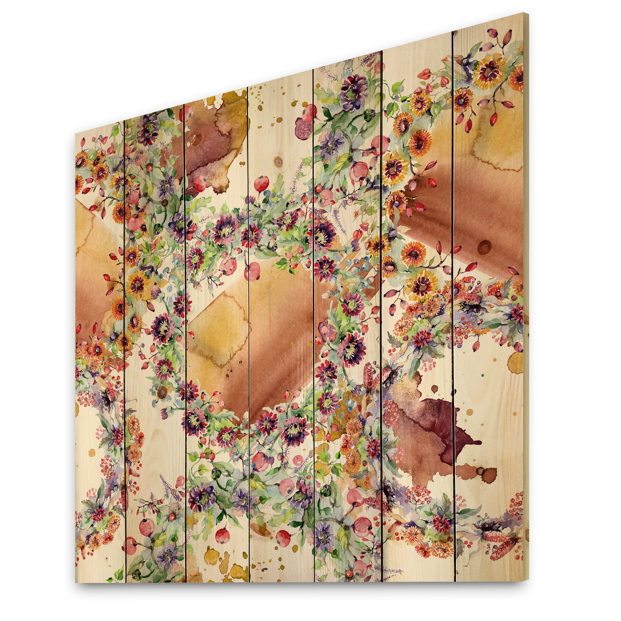 Designart 'Vibrant Wild Spring Leaves, Berries and Wildflowers' Modern Print on Natural Pine Wood
